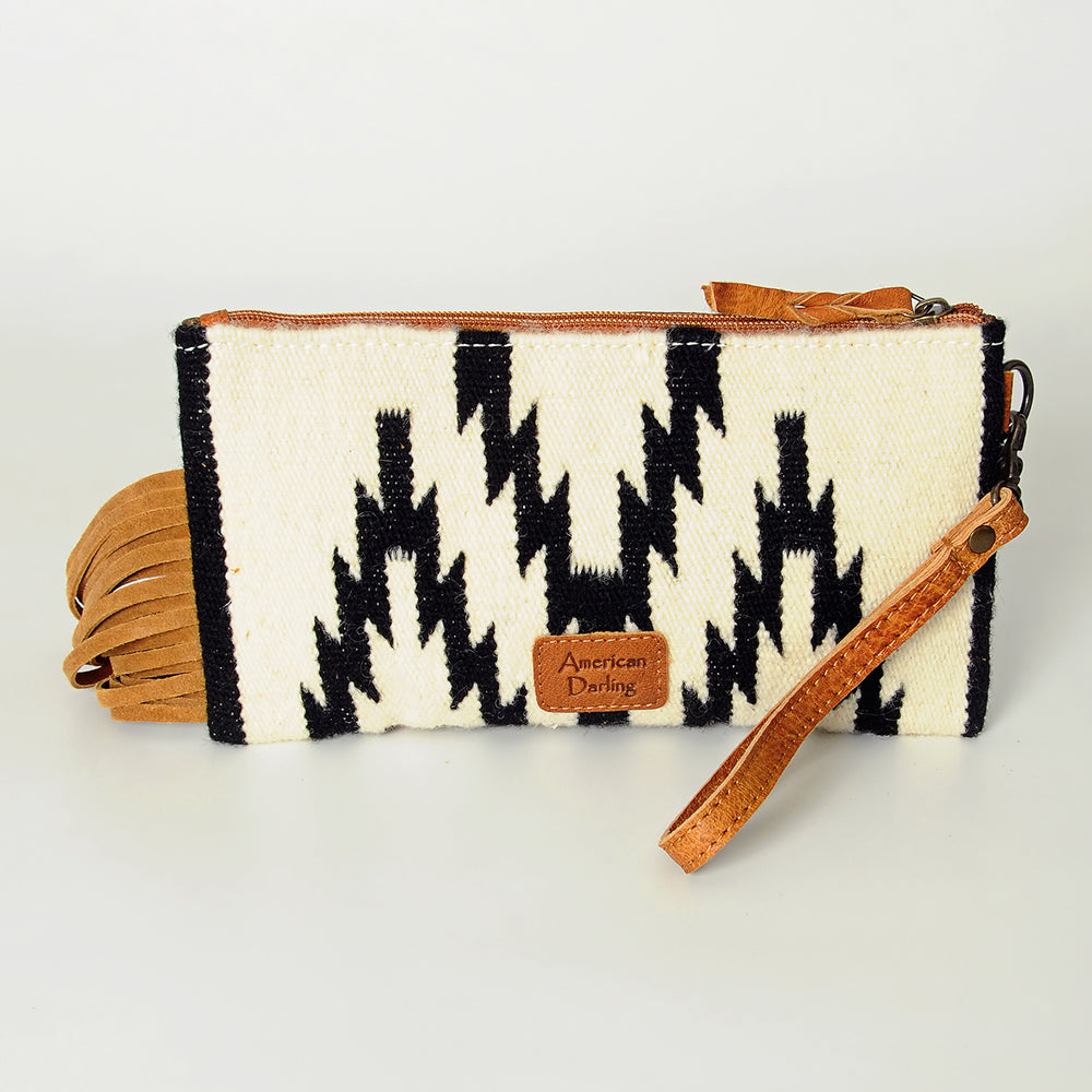 ADBG344 Southwestern Wool Clutch with Tooled Leather Trim & Fringe