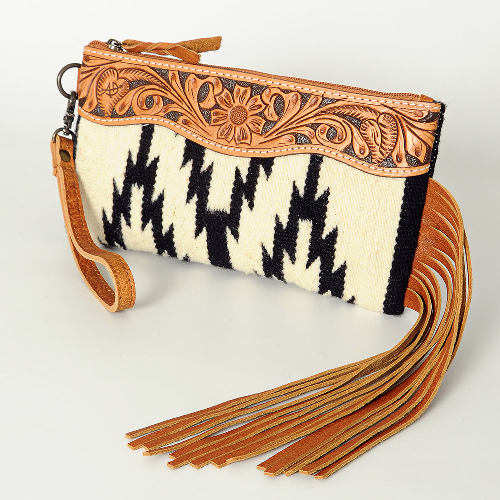 ADBG344 Southwestern Wool Clutch with Tooled Leather Trim & Fringe