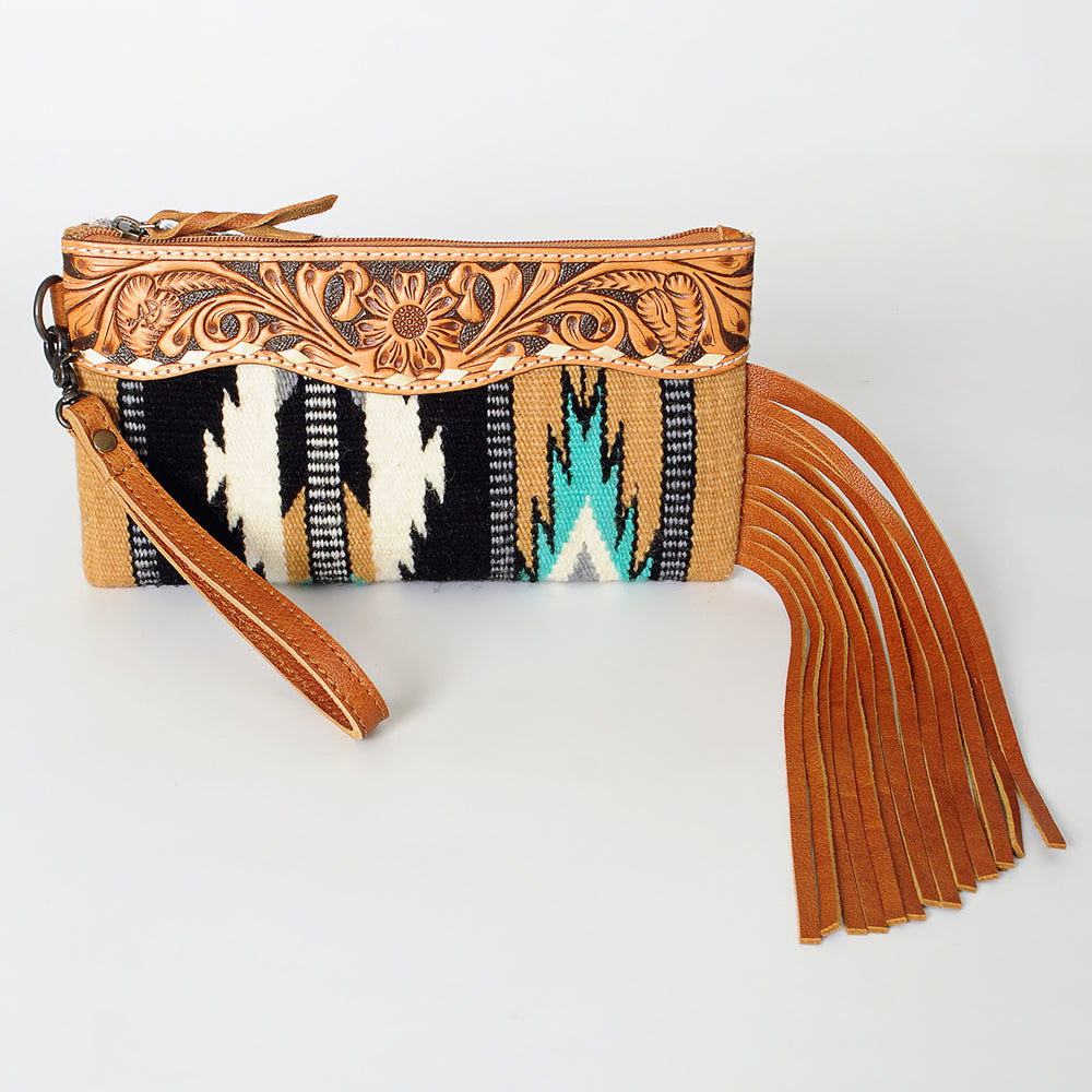 ADBG344 Southwestern Wool Clutch with Tooled Leather Trim & Fringe