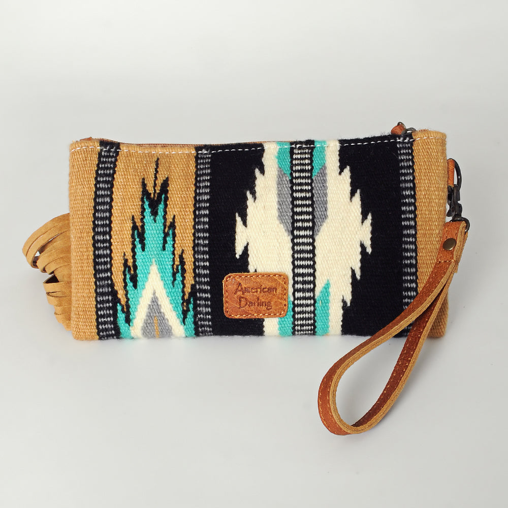 ADBG344 Southwestern Wool Clutch with Tooled Leather Trim & Fringe
