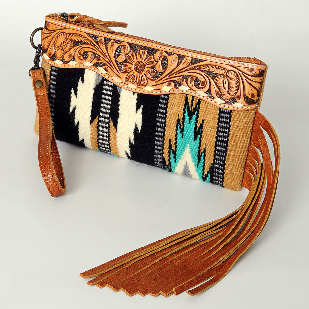ADBG344 Southwestern Wool Clutch with Tooled Leather Trim & Fringe