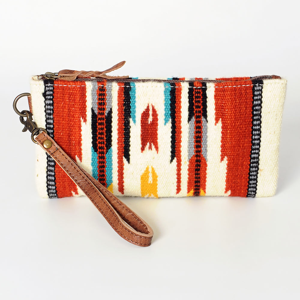 ADBG344 Multicolor Southwestern Wool Wristlet Clutch with Tribal Pattern and Leather Strap