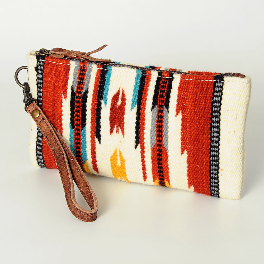 ADBG344 Multicolor Southwestern Wool Wristlet Clutch with Tribal Pattern and Leather Strap