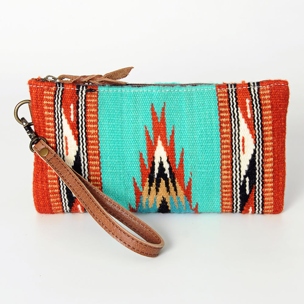 ADBG344 Multicolor Southwestern Wool Wristlet Clutch with Tribal Pattern and Leather Strap
