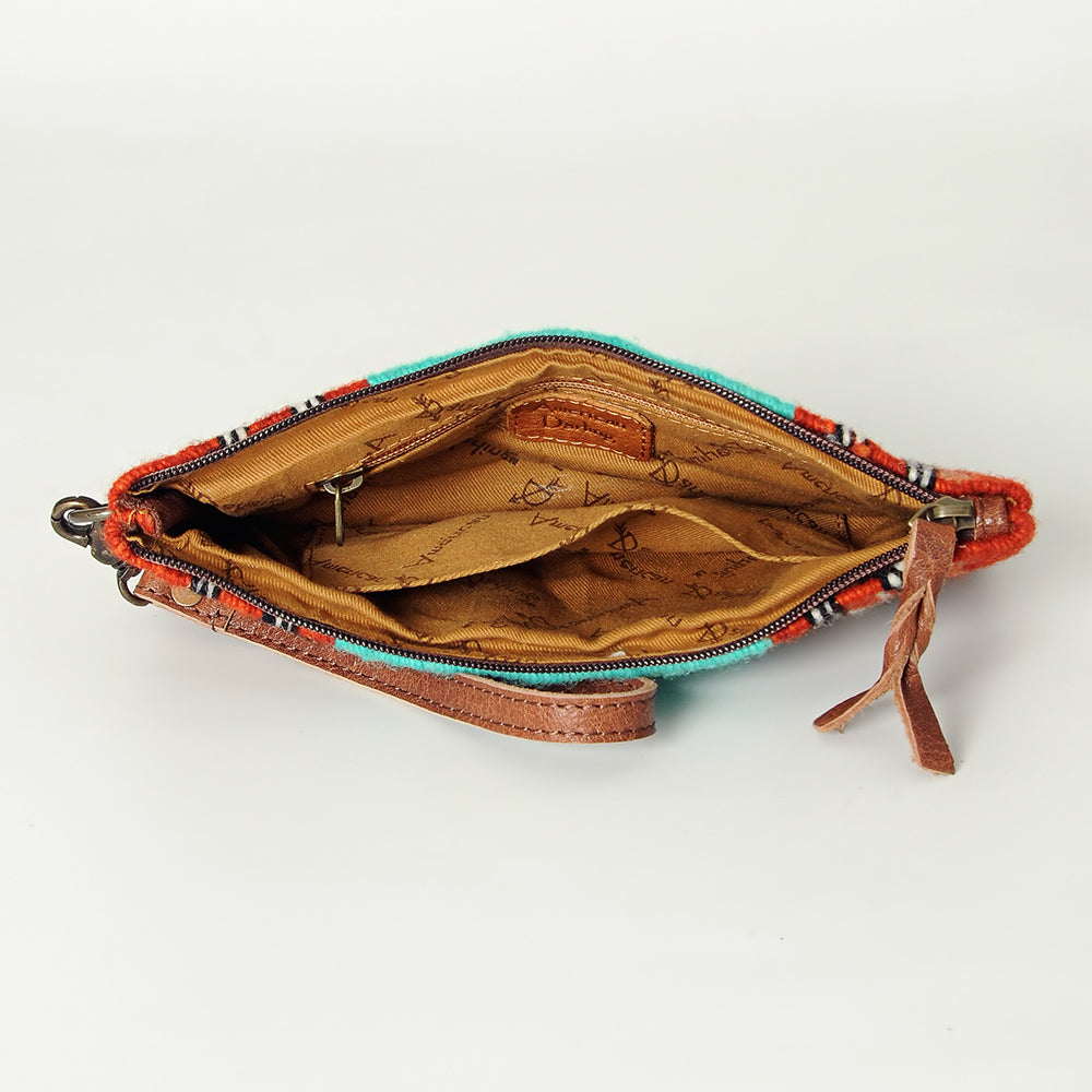 ADBG344 Multicolor Southwestern Wool Wristlet Clutch with Tribal Pattern and Leather Strap