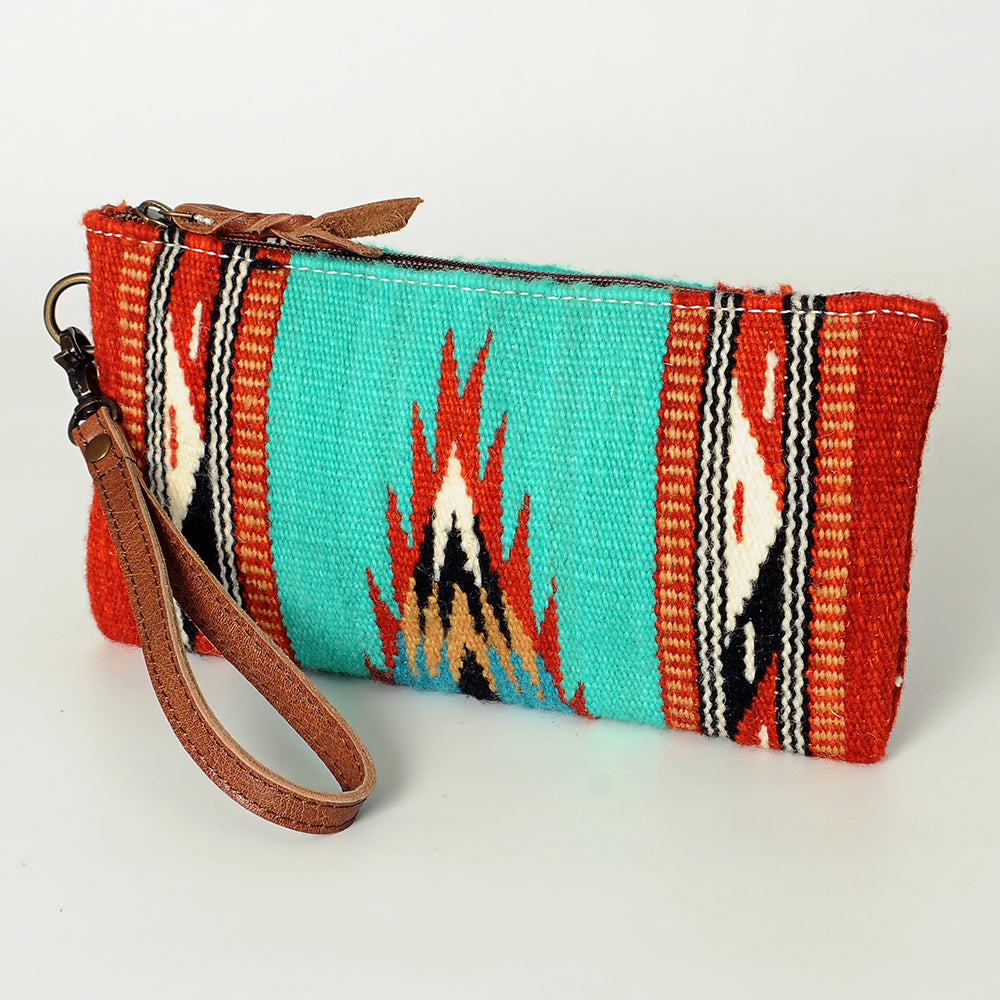 ADBG344 Multicolor Southwestern Wool Wristlet Clutch with Tribal Pattern and Leather Strap