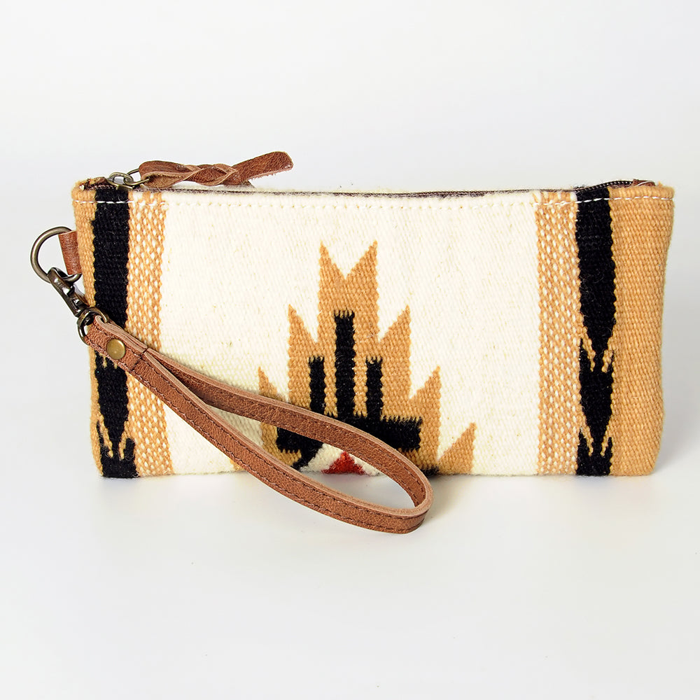 ADBG344 Multicolor Southwestern Wool Wristlet Clutch with Tribal Pattern and Leather Strap