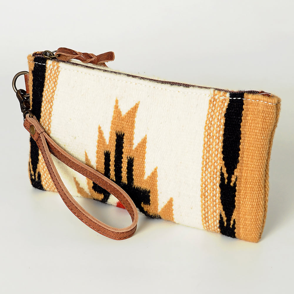 ADBG344 Multicolor Southwestern Wool Wristlet Clutch with Tribal Pattern and Leather Strap