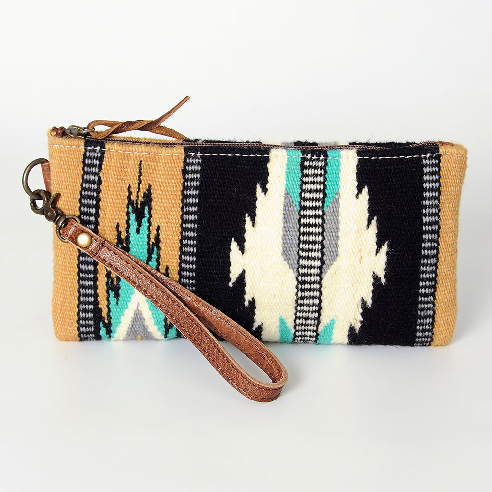 ADBG344 Southwestern Wool Wristlet Clutch with Tribal Pattern and Leather Strap