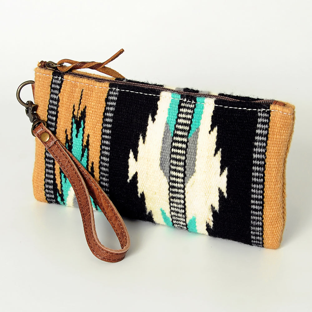 ADBG344 Southwestern Wool Wristlet Clutch with Tribal Pattern and Leather Strap