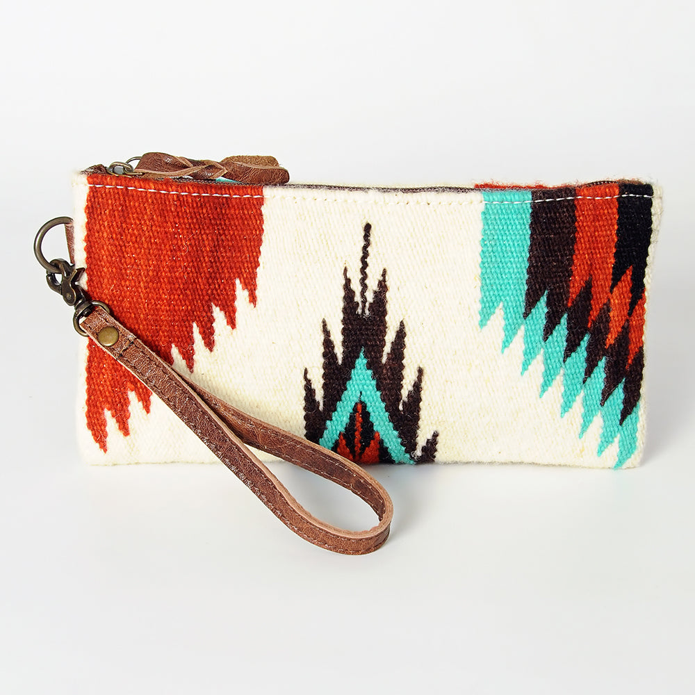 ADBG344 Southwestern Wool Wristlet Clutch with Tribal Pattern and Leather Strap