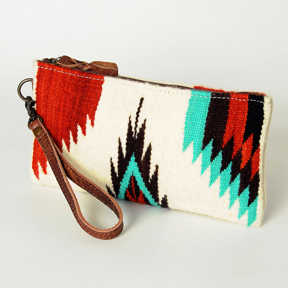 ADBG344 Southwestern Wool Wristlet Clutch with Tribal Pattern and Leather Strap