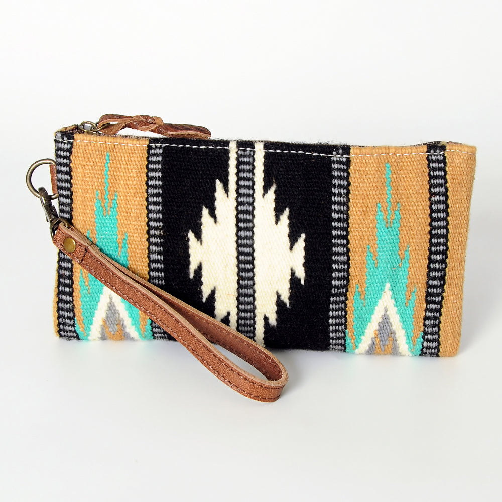 ADBG344 Southwestern Wool Wristlet Clutch with Tribal Pattern and Leather Strap