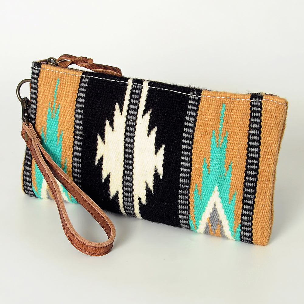 ADBG344 Southwestern Wool Wristlet Clutch with Tribal Pattern and Leather Strap