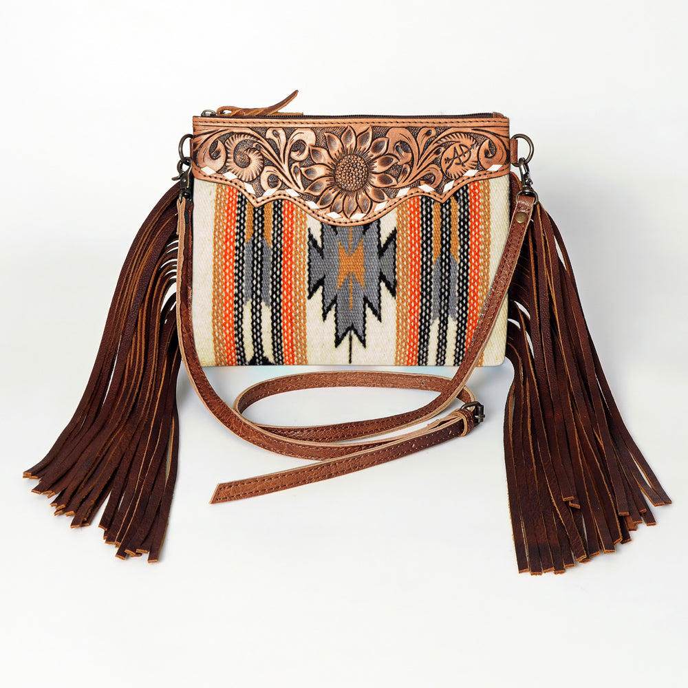 ADBG236 Hand Tooled Leather & Woven Fabric Crossbody Bag with Leather Fringes