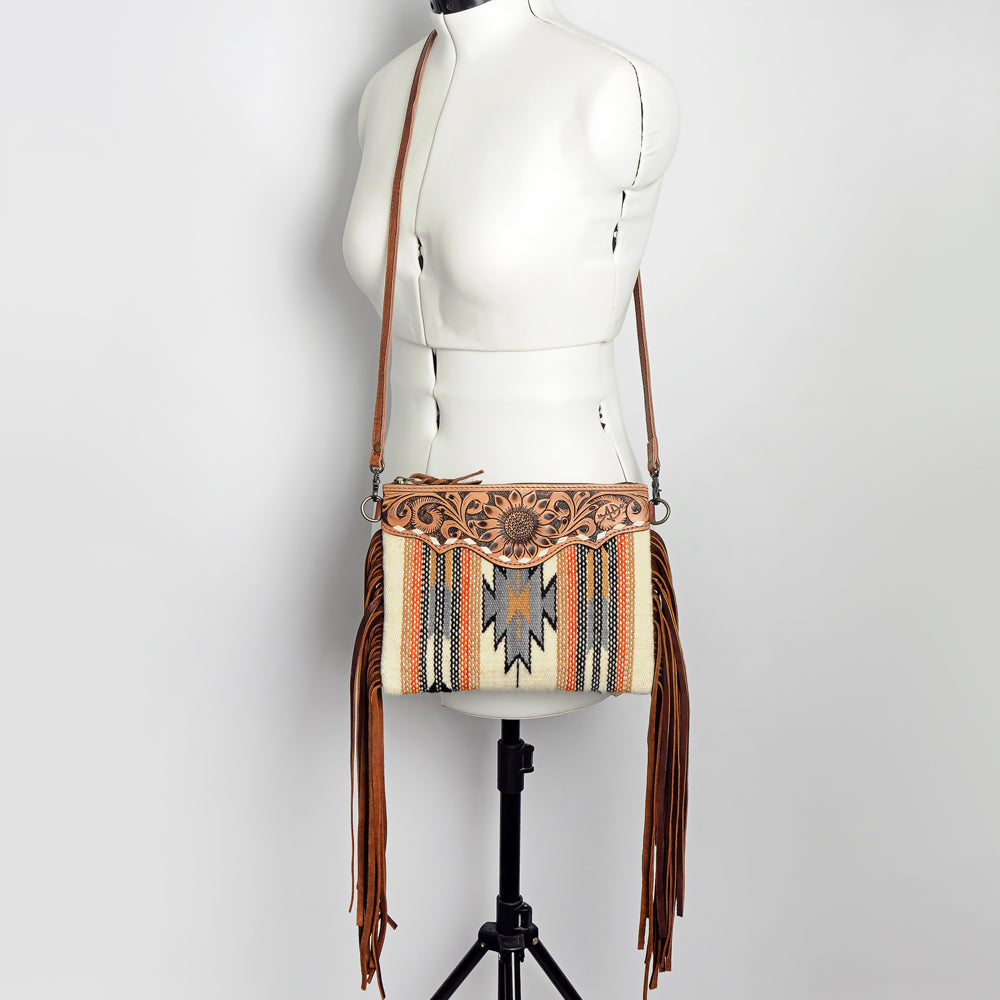 ADBG236 Hand Tooled Leather & Woven Fabric Crossbody Bag with Leather Fringes