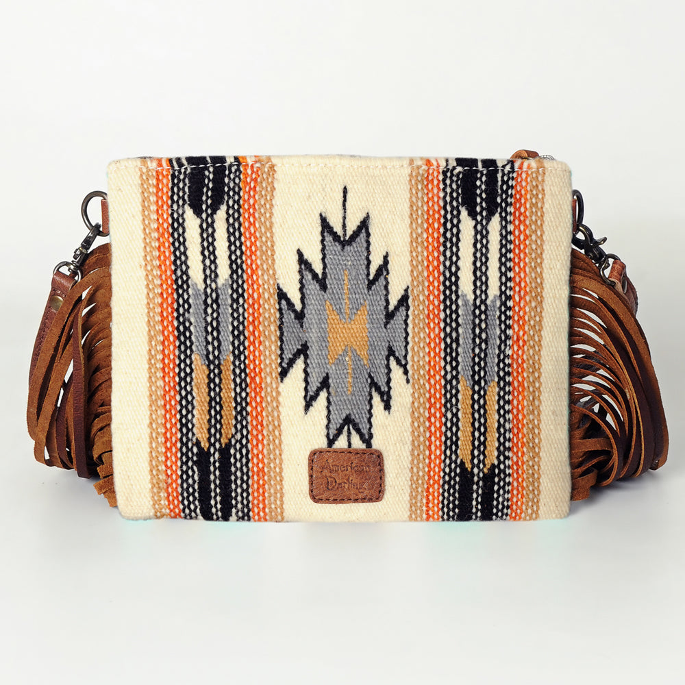 ADBG236 Hand Tooled Leather & Woven Fabric Crossbody Bag with Leather Fringes