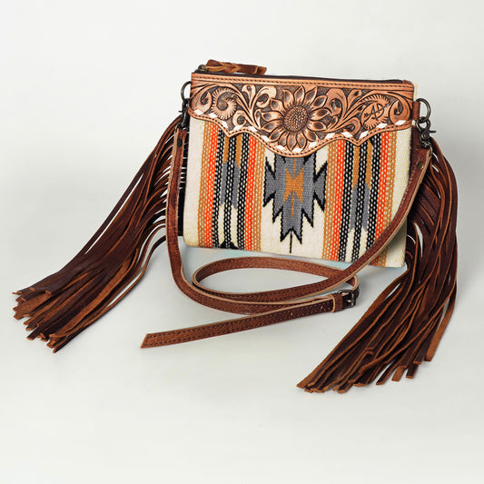 ADBG236 Hand Tooled Leather & Woven Fabric Crossbody Bag with Leather Fringes