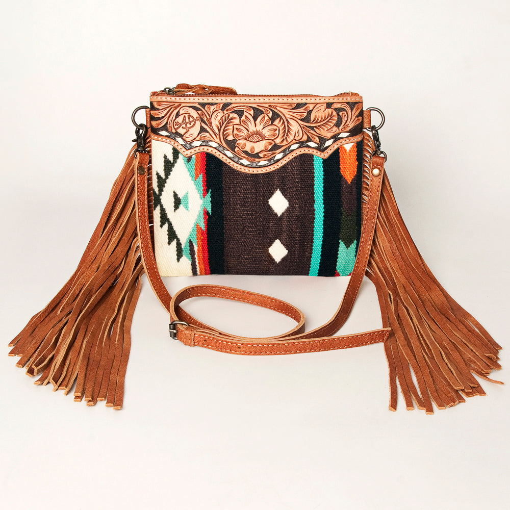 ADBG236 Hand Tooled Leather & Woven Fabric Crossbody Bag with Leather Fringes