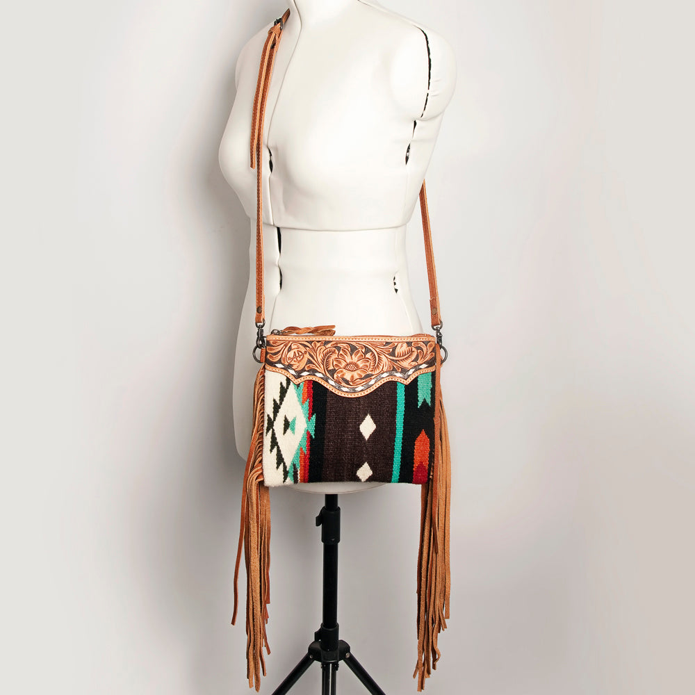 ADBG236 Hand Tooled Leather & Woven Fabric Crossbody Bag with Leather Fringes
