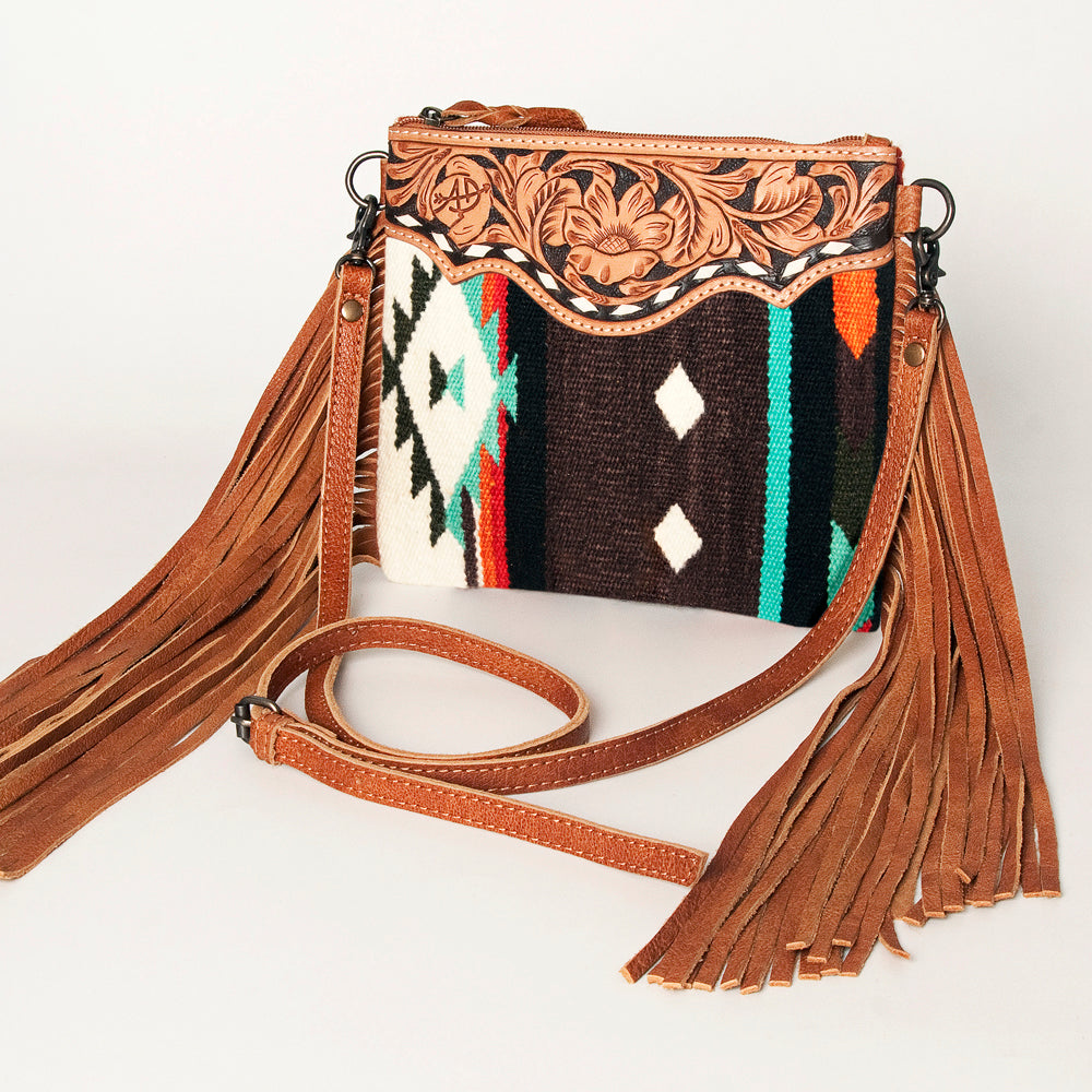 ADBG236 Hand Tooled Leather & Woven Fabric Crossbody Bag with Leather Fringes