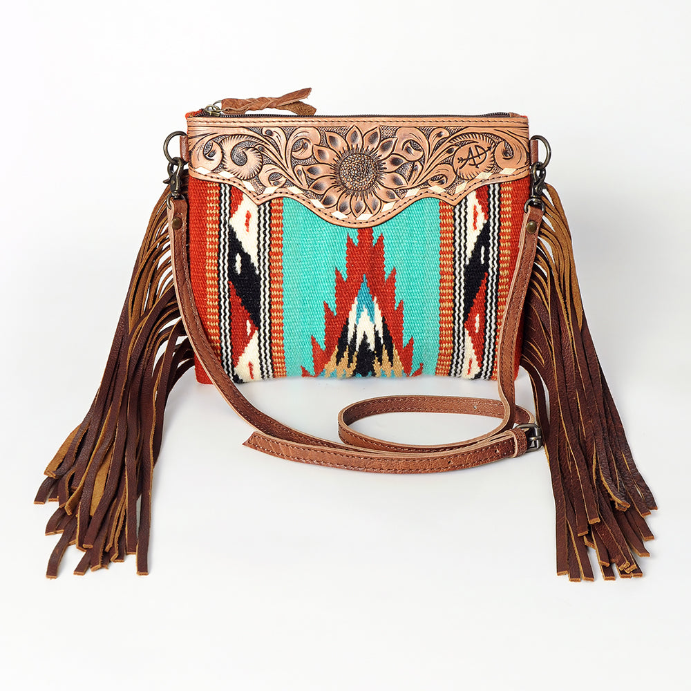 ADBG236 Hand Tooled Leather & Woven Fabric Crossbody Bag with Leather Fringes