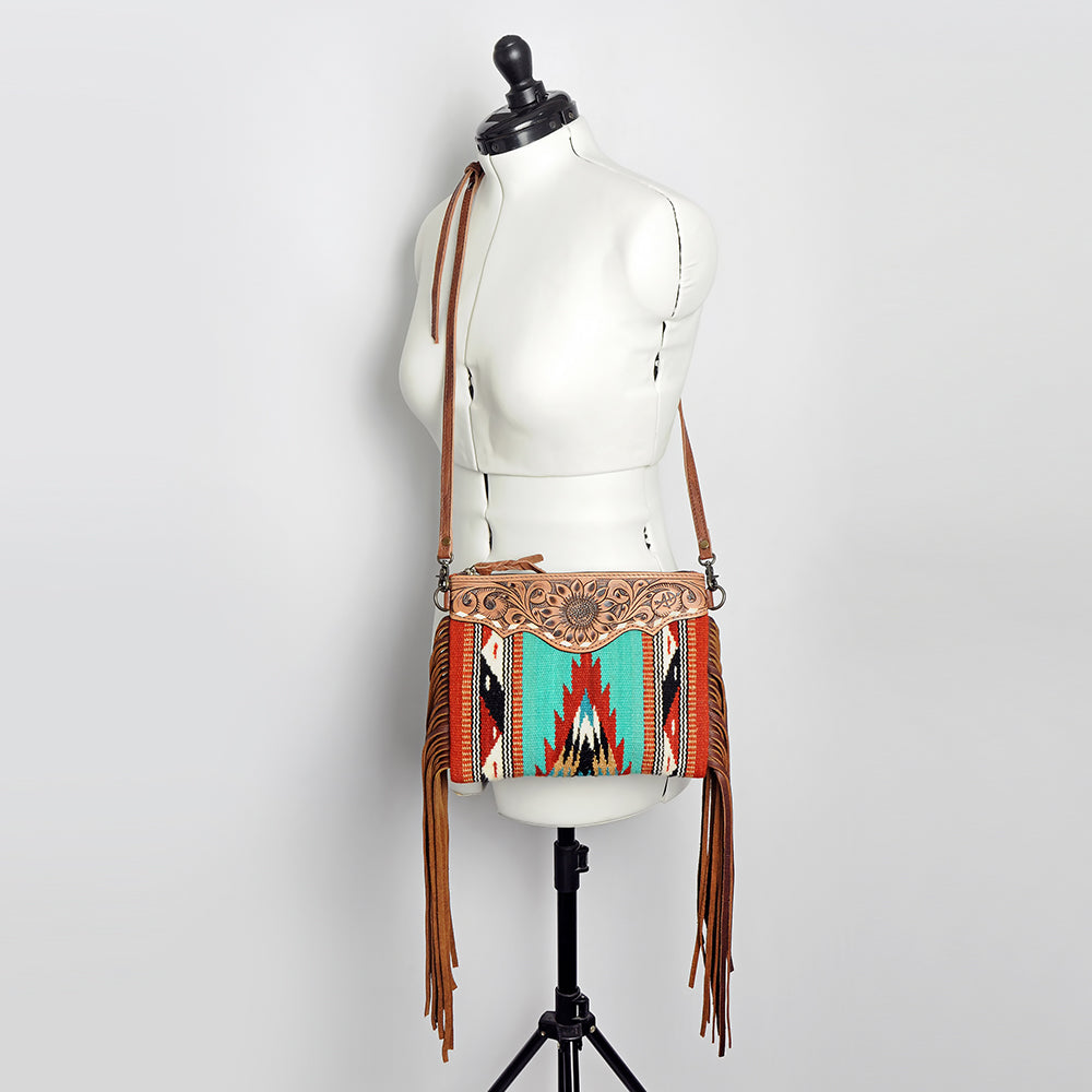 ADBG236 Hand Tooled Leather & Woven Fabric Crossbody Bag with Leather Fringes