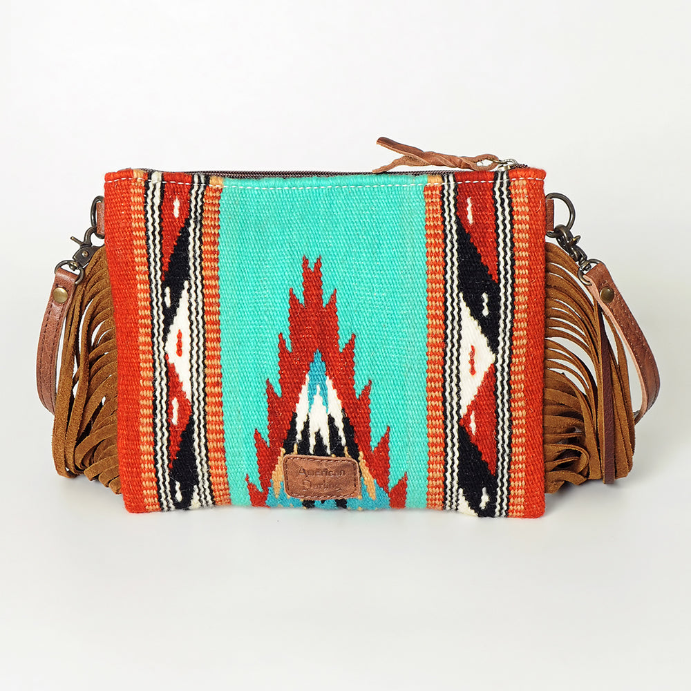 ADBG236 Hand Tooled Leather & Woven Fabric Crossbody Bag with Leather Fringes