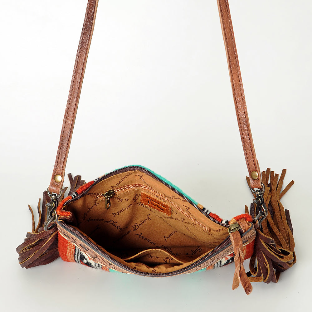 ADBG236 Hand Tooled Leather & Woven Fabric Crossbody Bag with Leather Fringes