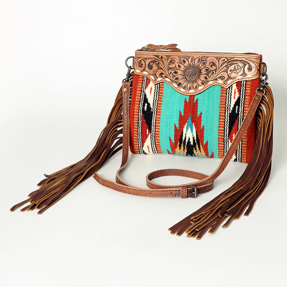 ADBG236 Hand Tooled Leather & Woven Fabric Crossbody Bag with Leather Fringes