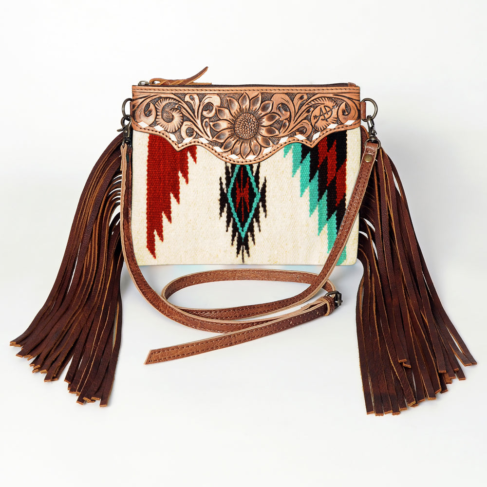 ADBG236 Hand Tooled Leather & Woven Fabric Crossbody Bag with Leather Fringes