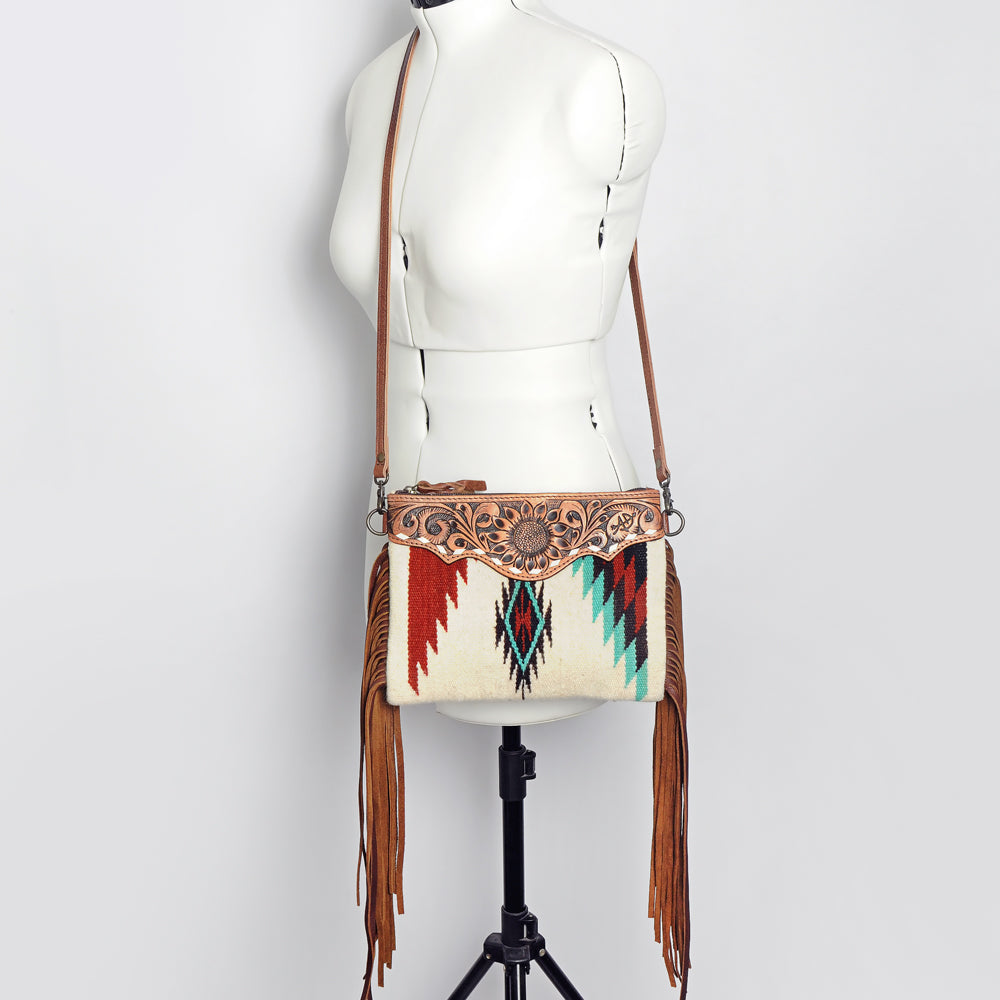 ADBG236 Hand Tooled Leather & Woven Fabric Crossbody Bag with Leather Fringes
