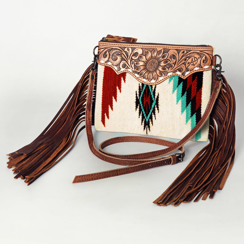 ADBG236 Hand Tooled Leather & Woven Fabric Crossbody Bag with Leather Fringes