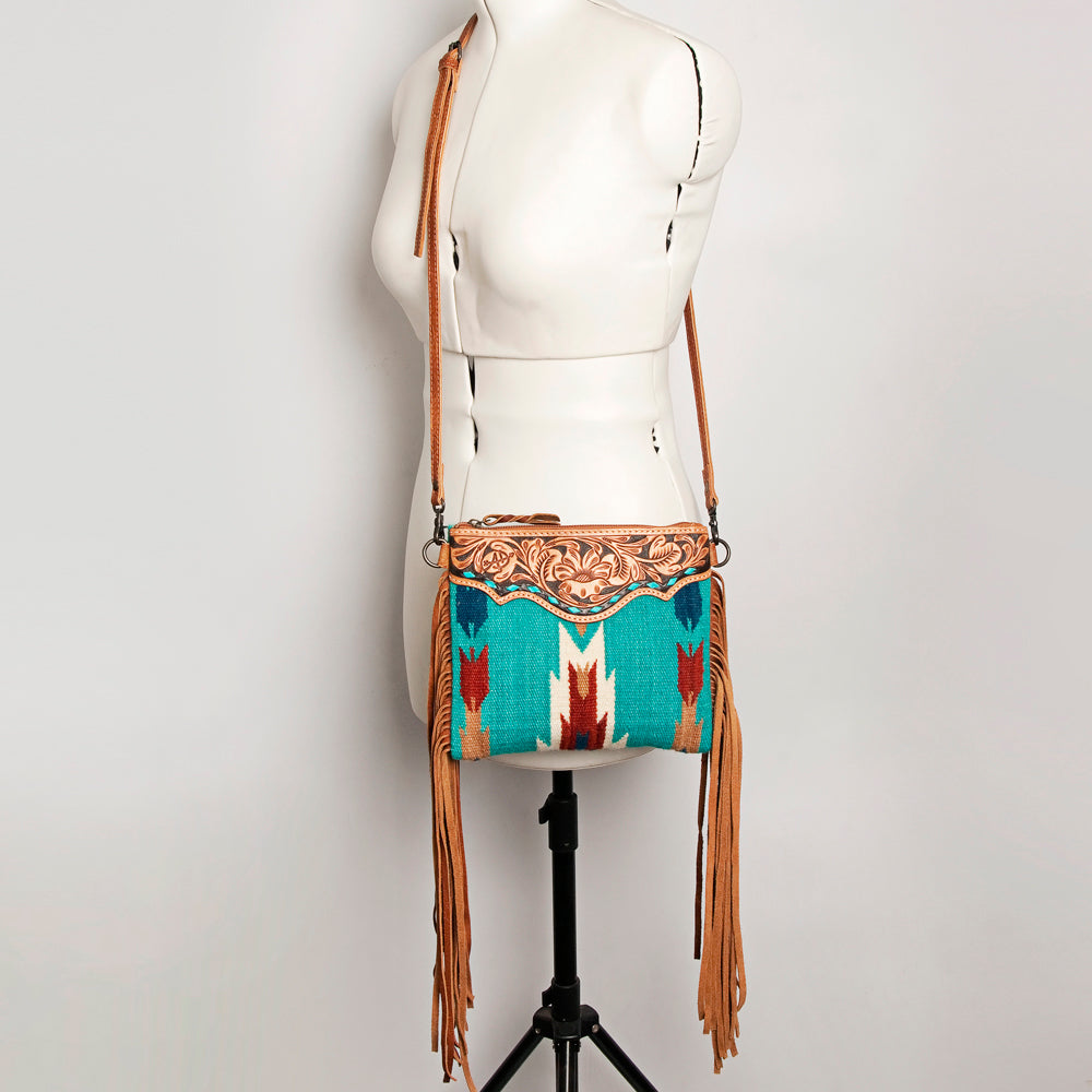 ADBG236 Hand Tooled Leather & Woven Fabric Crossbody Bag with Leather Fringes
