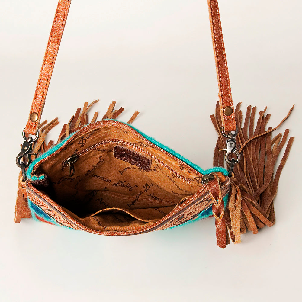 ADBG236 Hand Tooled Leather & Woven Fabric Crossbody Bag with Leather Fringes