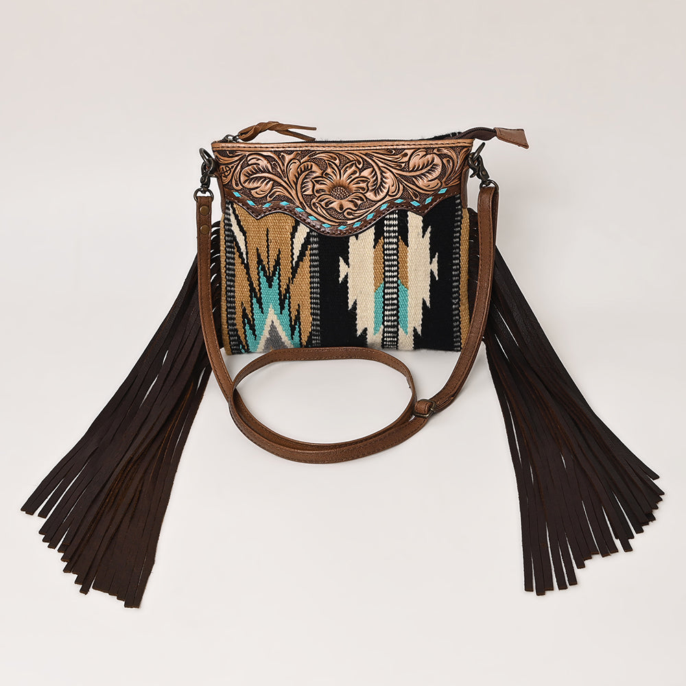ADBG236 Hand Tooled Leather & Woven Fabric Crossbody Bag with Leather Fringes