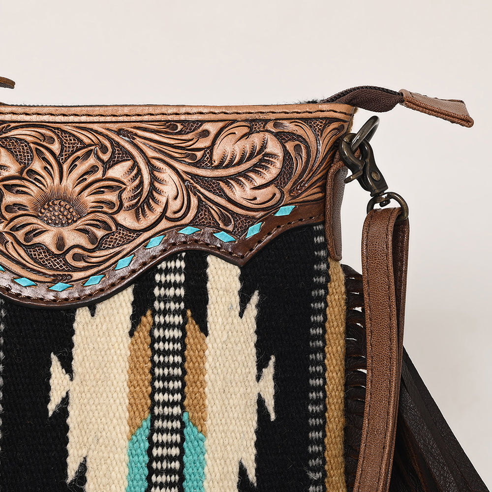 ADBG236 Hand Tooled Leather & Woven Fabric Crossbody Bag with Leather Fringes
