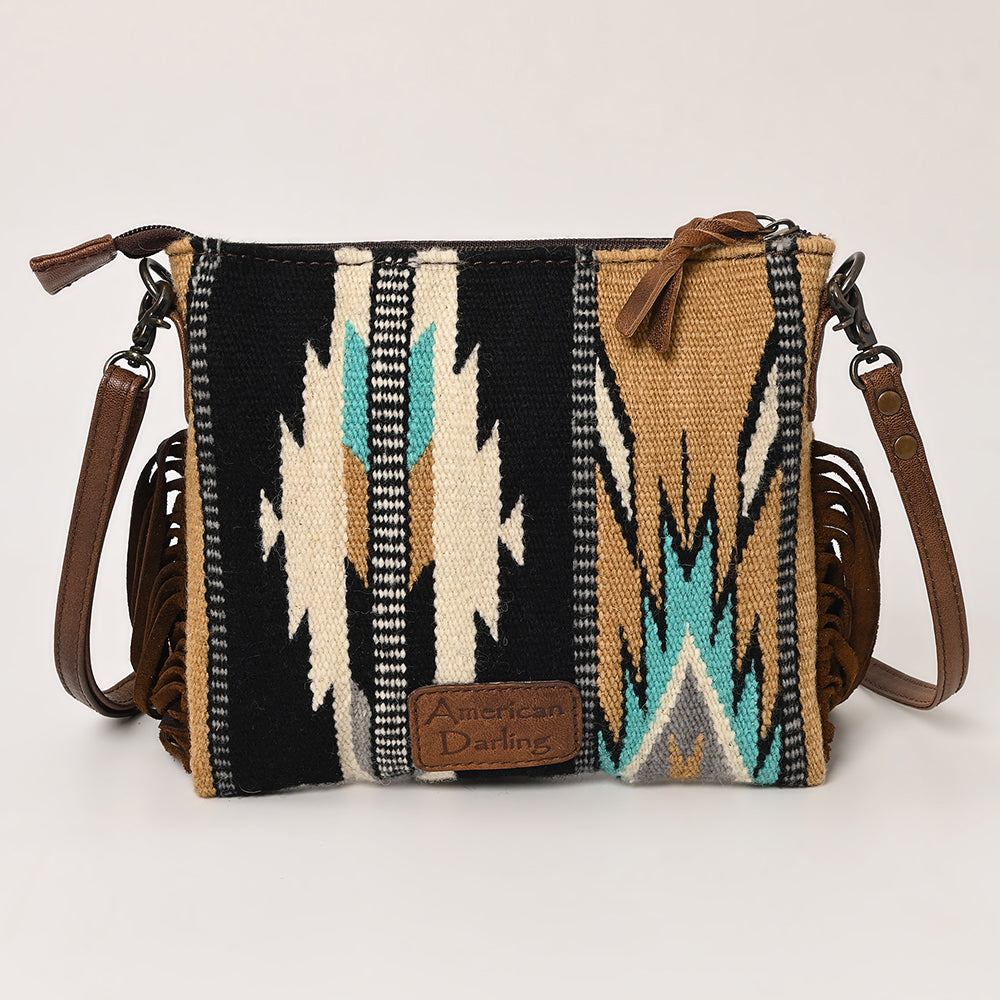 ADBG236 Hand Tooled Leather & Woven Fabric Crossbody Bag with Leather Fringes