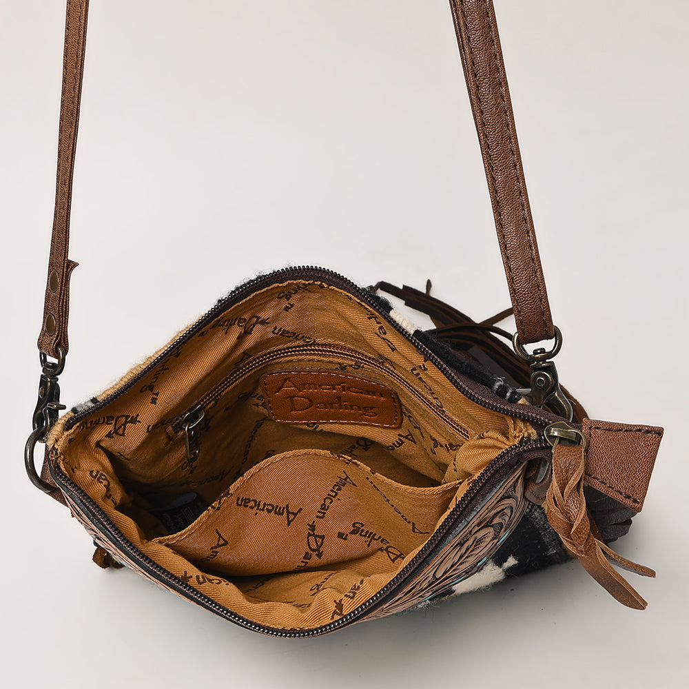 ADBG236 Hand Tooled Leather & Woven Fabric Crossbody Bag with Leather Fringes