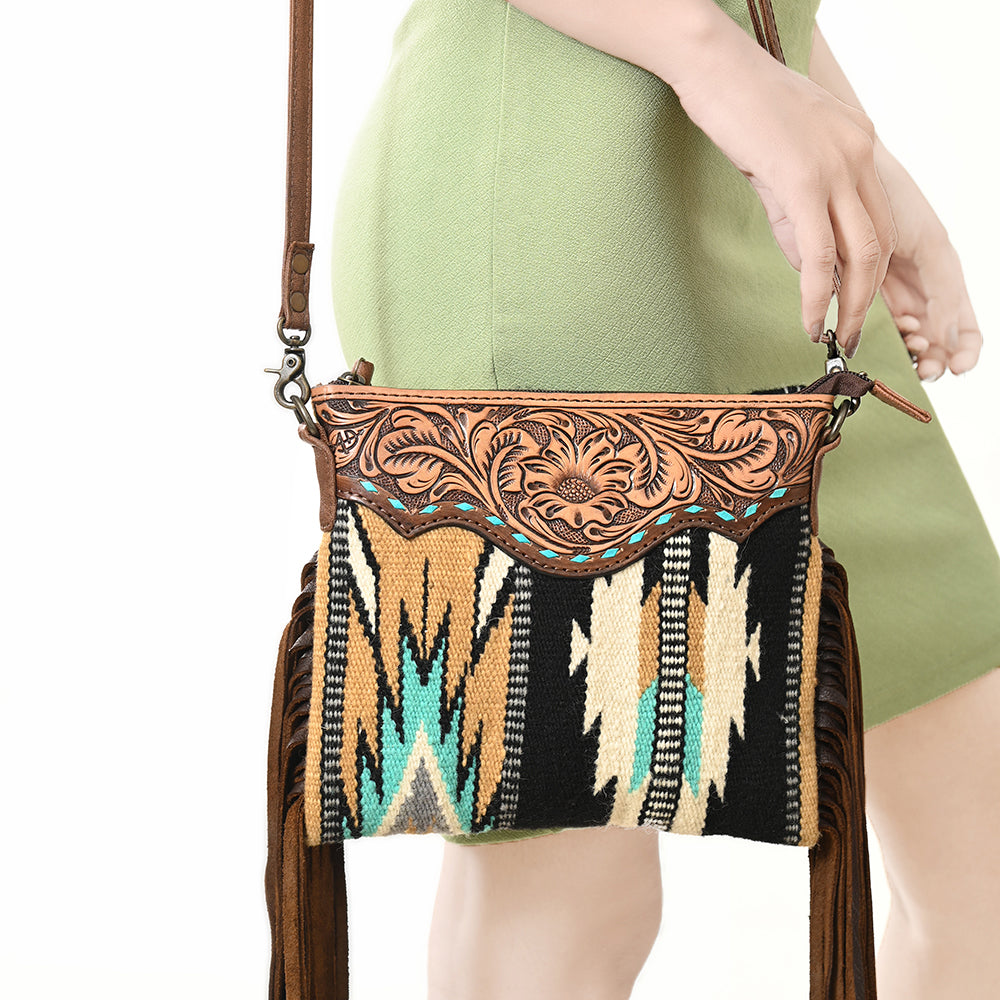 ADBG236 Hand Tooled Leather & Woven Fabric Crossbody Bag with Leather Fringes