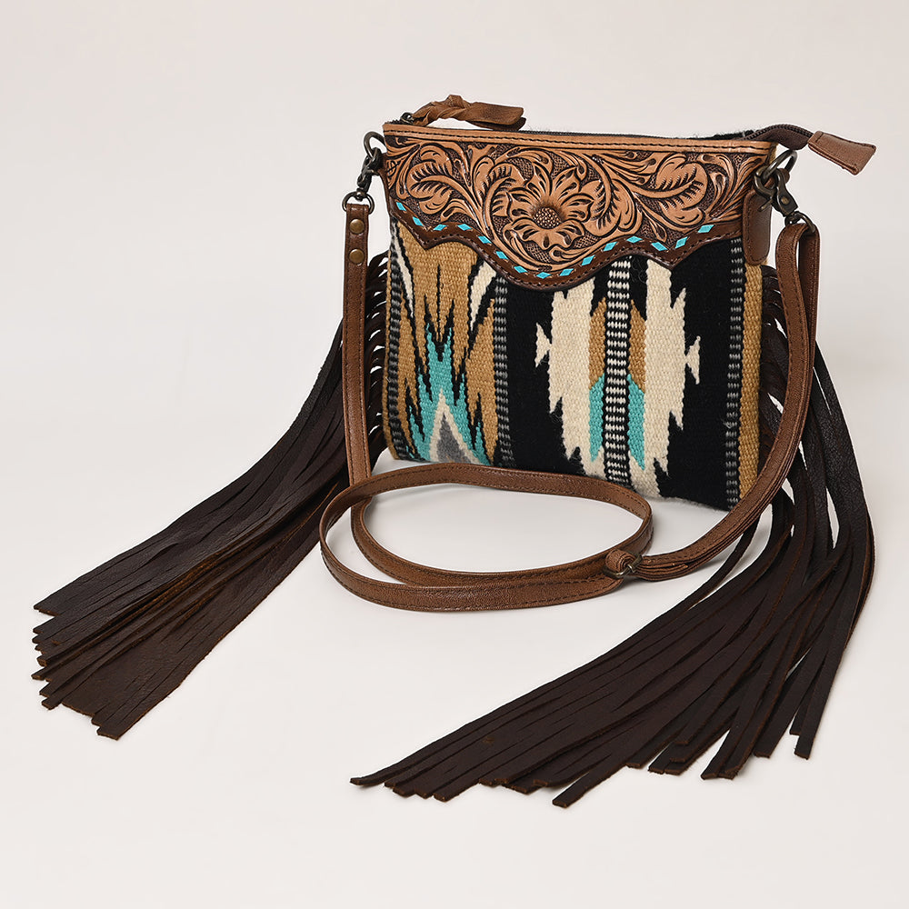 ADBG236 Hand Tooled Leather & Woven Fabric Crossbody Bag with Leather Fringes