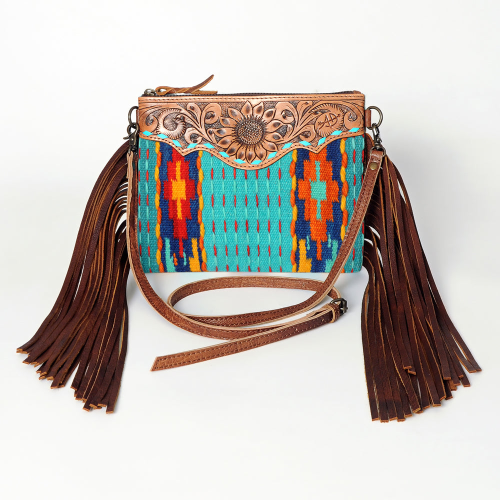 ADBG236 Southwestern Woven Fringe Crossbody Bag with Hand-Tooled Floral Leather Trim