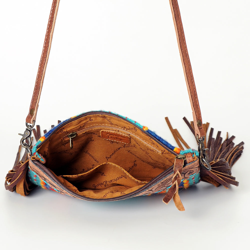 ADBG236 Southwestern Woven Fringe Crossbody Bag with Hand-Tooled Floral Leather Trim