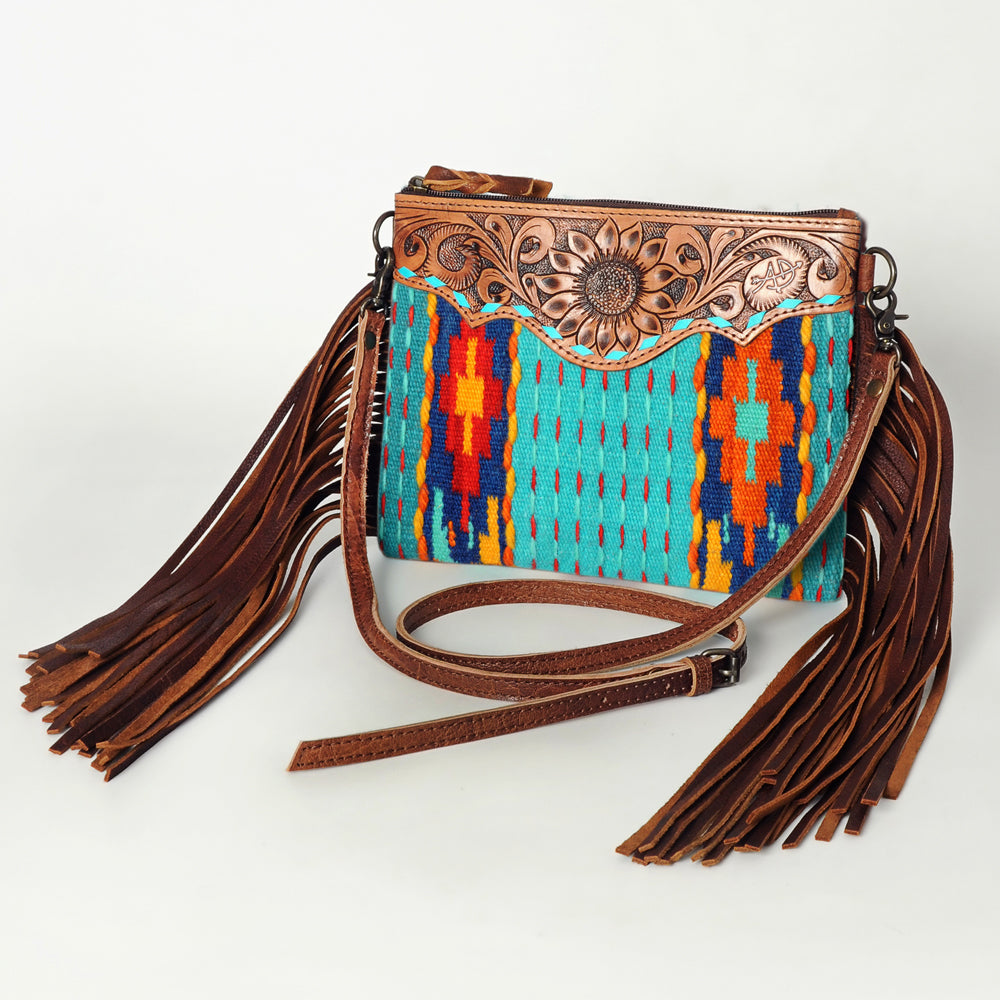 ADBG236 Southwestern Woven Fringe Crossbody Bag with Hand-Tooled Floral Leather Trim