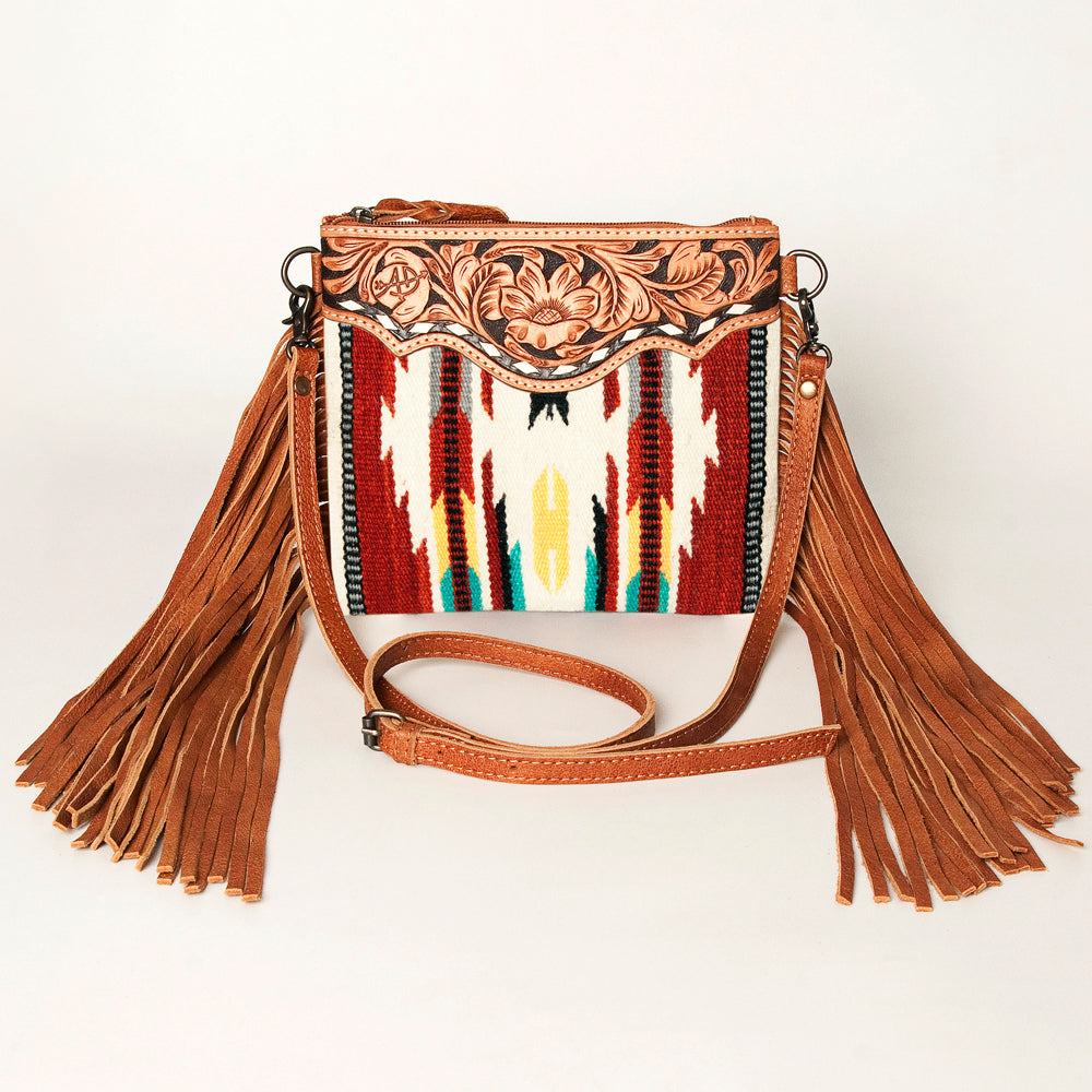 ADBG236 Southwestern Woven Fringe Crossbody Bag with Hand-Tooled Floral Leather Trim