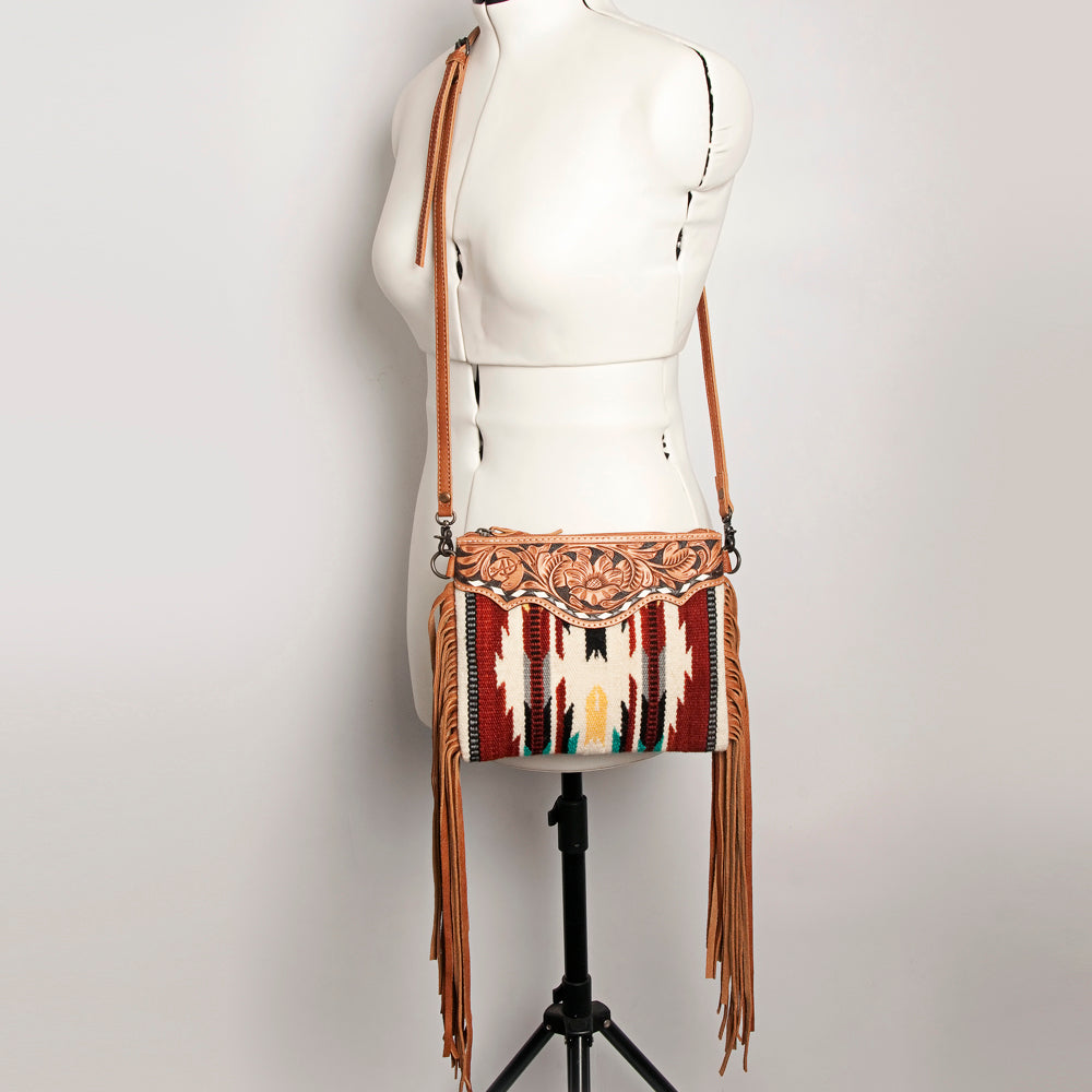 ADBG236 Southwestern Woven Fringe Crossbody Bag with Hand-Tooled Floral Leather Trim