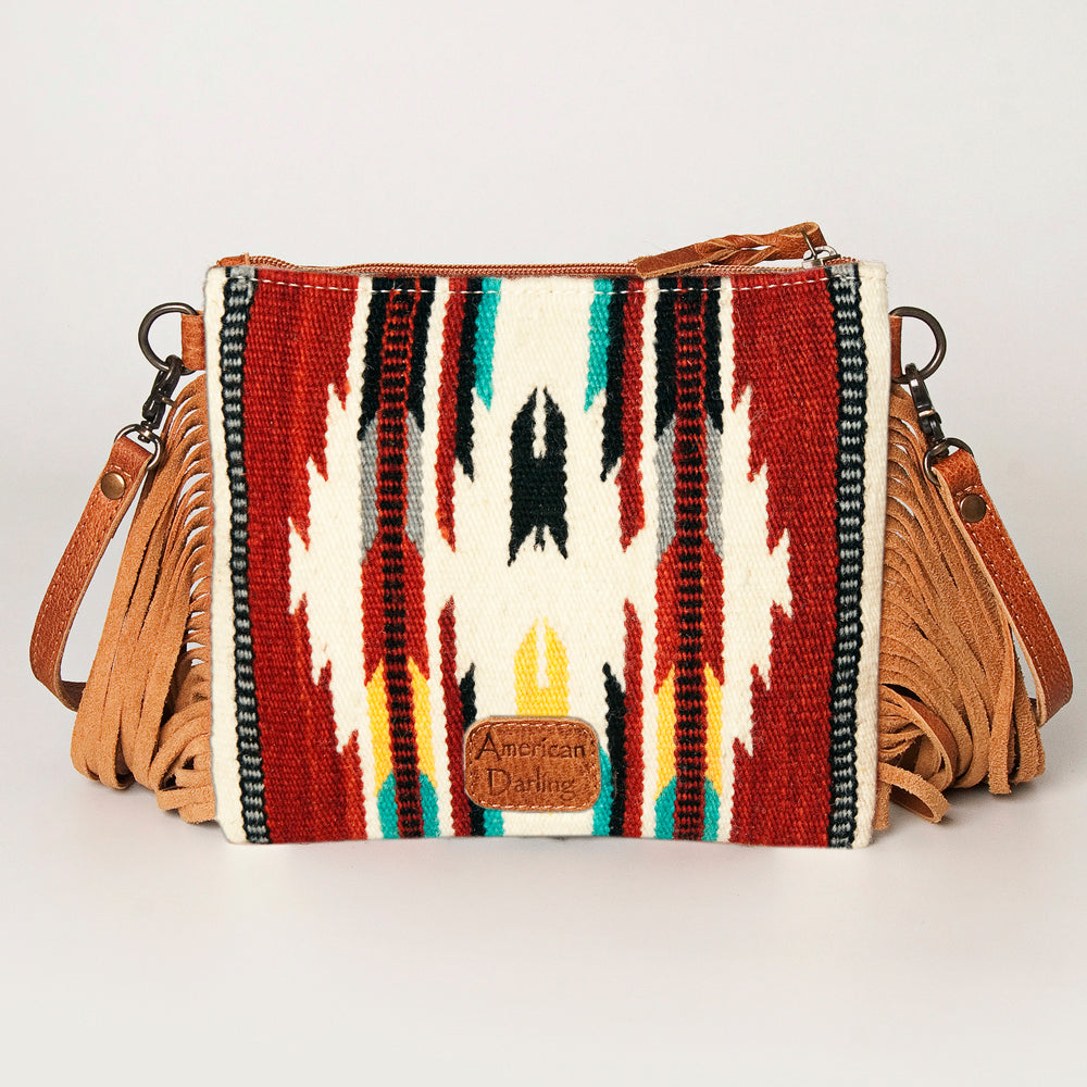 ADBG236 Southwestern Woven Fringe Crossbody Bag with Hand-Tooled Floral Leather Trim