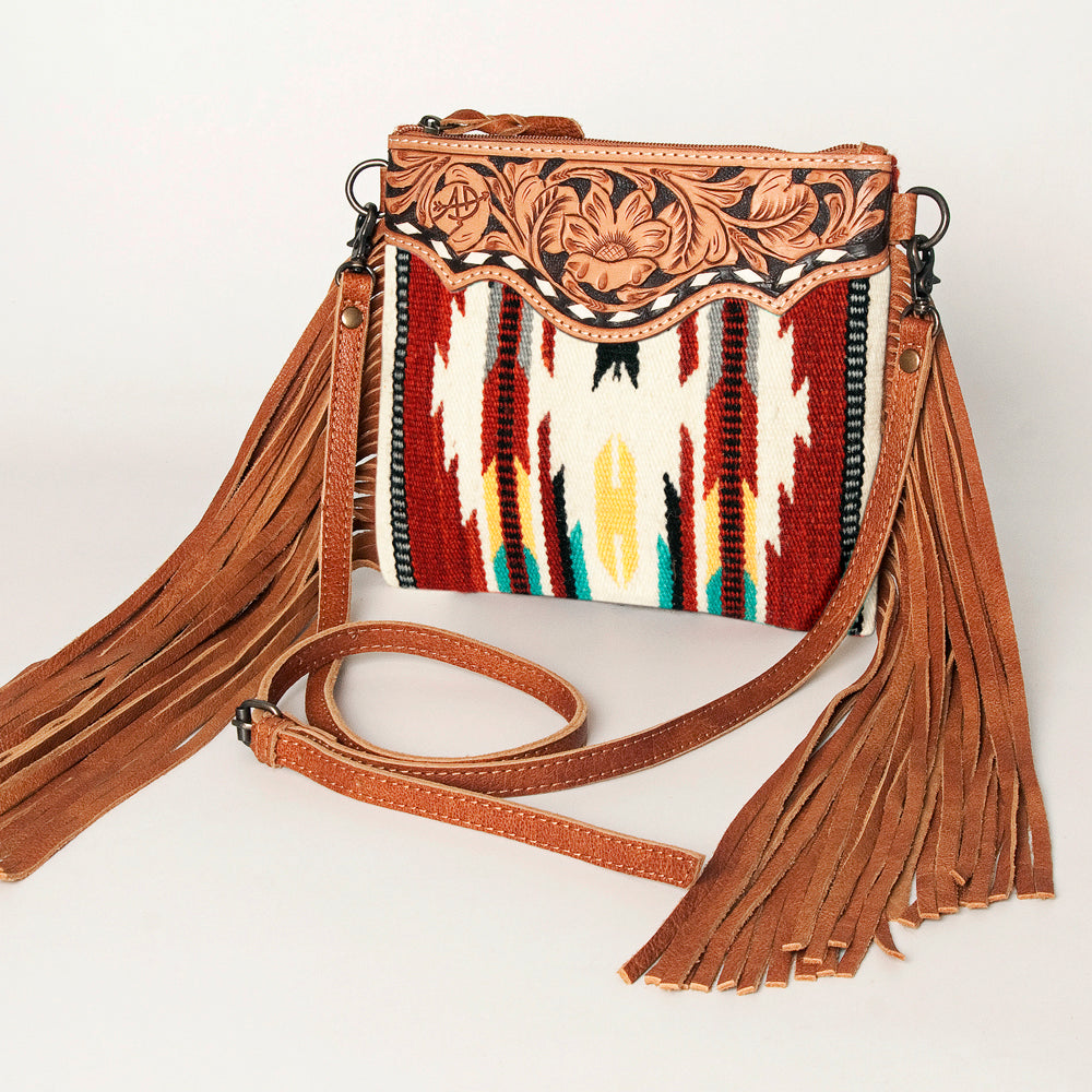 ADBG236 Southwestern Woven Fringe Crossbody Bag with Hand-Tooled Floral Leather Trim
