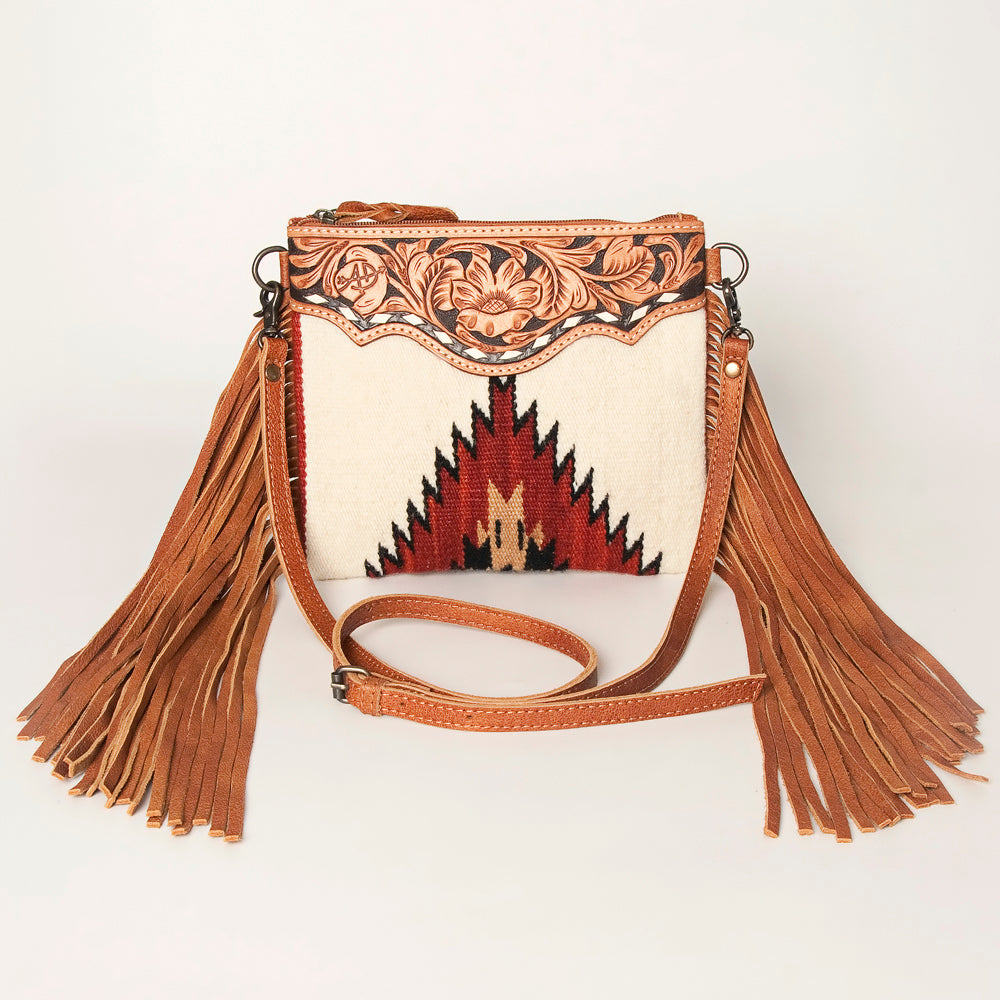 ADBG236 Southwestern Woven Fringe Crossbody Bag with Hand-Tooled Floral Leather Trim