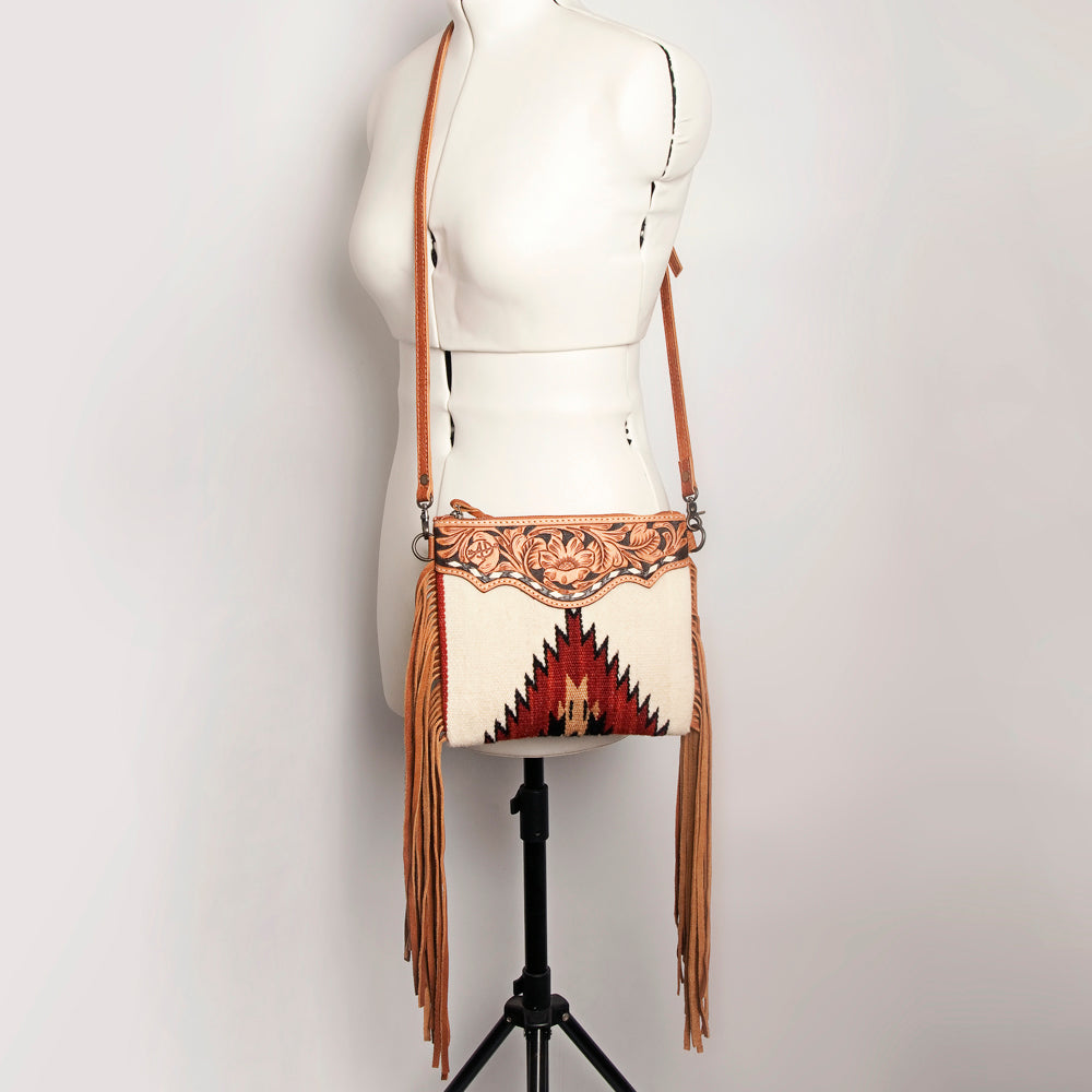 ADBG236 Southwestern Woven Fringe Crossbody Bag with Hand-Tooled Floral Leather Trim